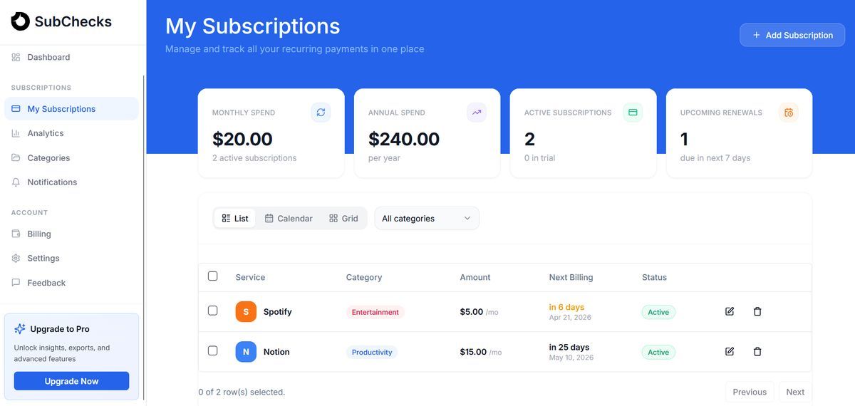 SubChecks homepage preview